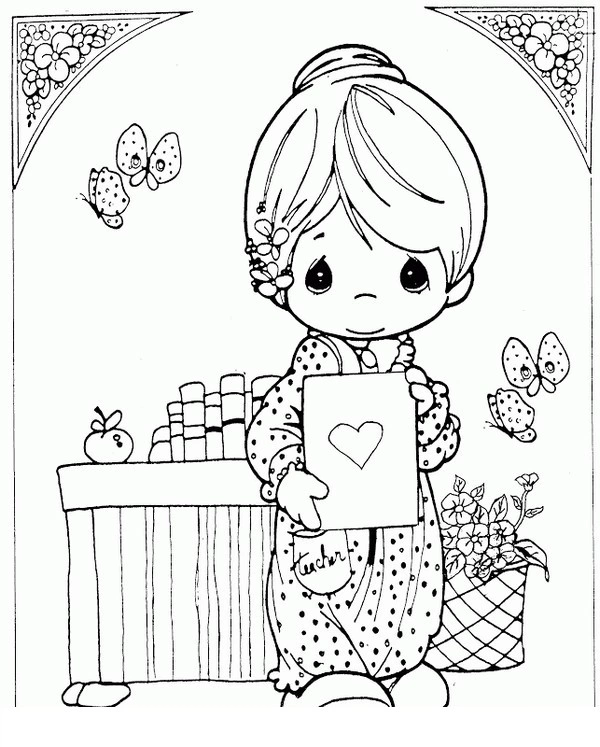 Kolorowanka dziewczynka z piękną laurką dla nauczyciela